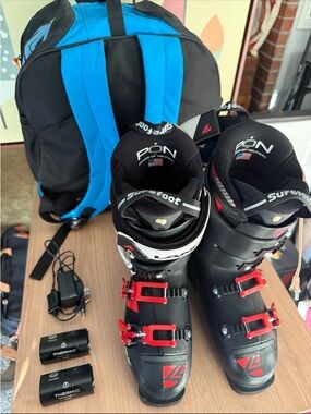 Lange RX 100 LV Ski Boots Dual Core Black White Red 25-25.5 296mm and Bag